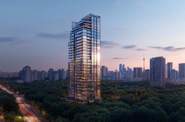 Aerial view of a city at night showcasing a solitary apartment building and office towers with illuminated facades, highlighting the vibrant real estate and commercial districts of the urban skyline.