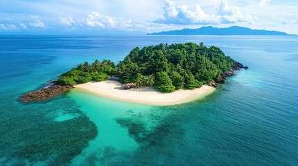 Fototapeta premium Vibrant tropical island exudes lush greenery and pristine sandy beach, inviting relaxation and adventure. Tropical island atmosphere brings a sense of tranquility with ample space for creativity.
