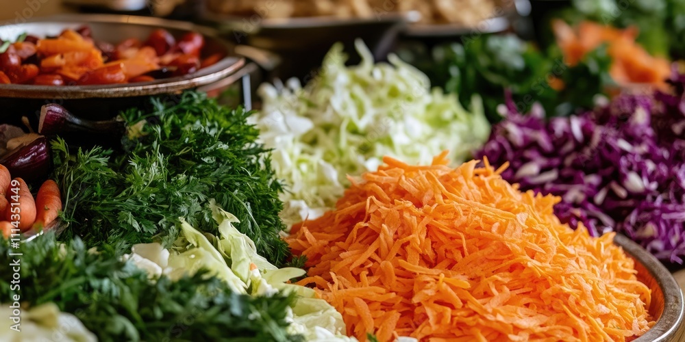 Poster shredded carrots and cabbage, along with a creative food display, create an appealing background, of