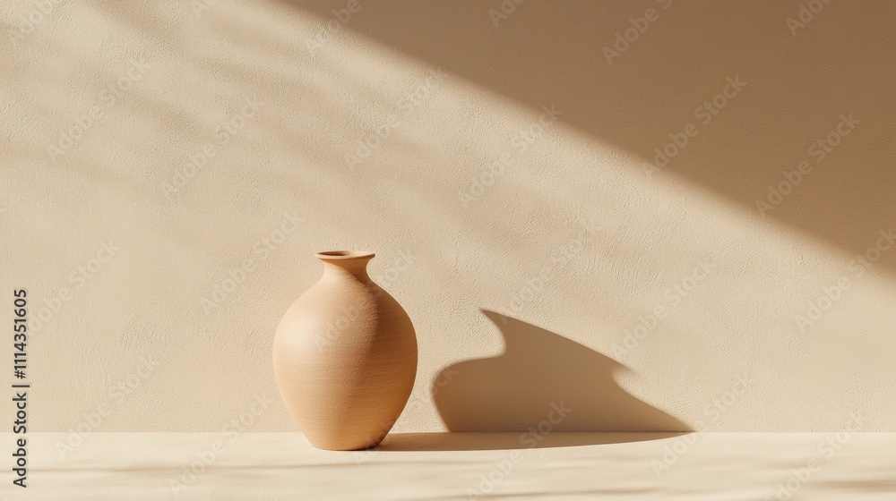 Poster a simple clay vase casts a soft shadow on a textured wall, creating a minimalist aesthetic with warm