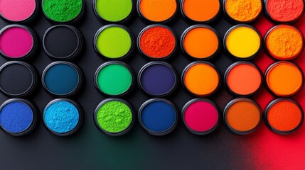 Row of colorful containers of makeup powder. The colors are bright and vibrant, creating a sense of energy and excitement. Concept of creativity and self-expression through the use of makeup