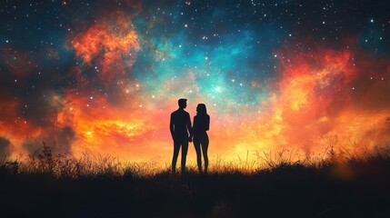 In Space at Sunrise: Romantic Digital Art Painting by a Couple, Cosmic Love Theme, Futuristic Sci-Fi, Starry Sky, Dreamy Galactic Scenery, Inspirational, Mixed Colors Background