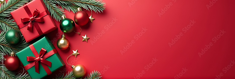 Poster gift boxes with red green baubles gold star ornaments and pine branches sit atop a snowy red backgro