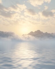 Obraz premium Illustration Featuring a Foggy Horizon Over a Calm Body of Water, Perfect for Evoking a Sense of Mystery and Tranquility in Design Projects