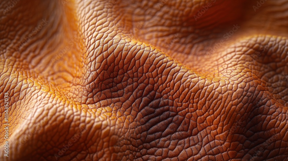Poster close-up view of intricately textured brown leather showcasing rich hues and unique patterns under s