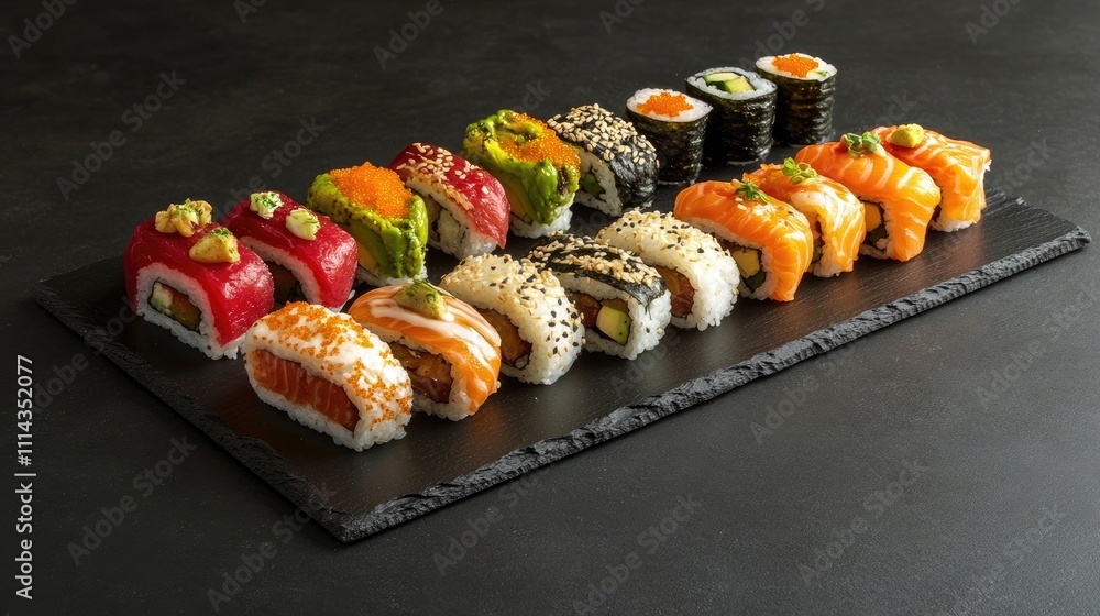 Poster flat lay composition of assorted sushi rolls arranged on a dark slate board, with ample copy space t