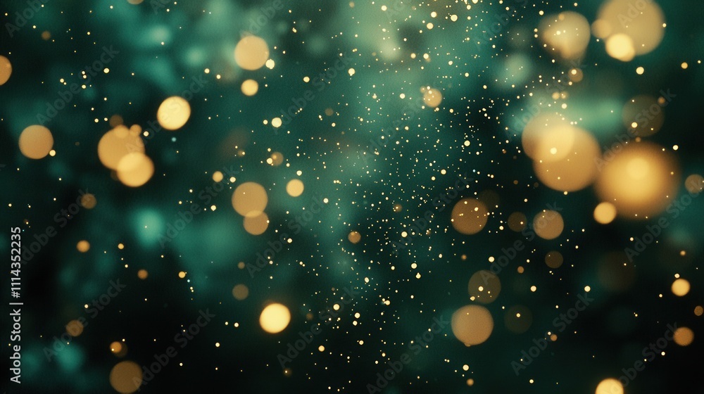 Poster soft illuminated deep teal background with golden bokeh particles floating in space