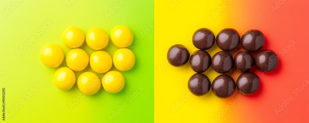 Poster two different colored candies are displayed on a green and red background. the candies are yellow an