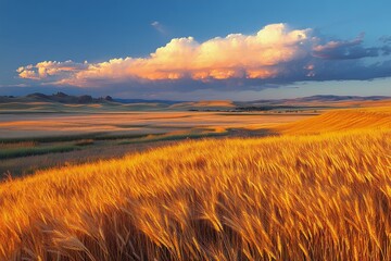 Obraz premium Beautiful golden wheat field under a vibrant sunset sky in rural landscape