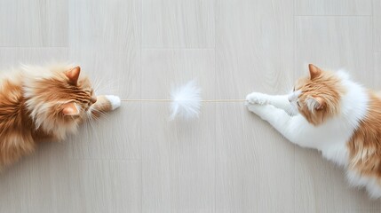 Playful cat photography on wooden backdrops. Two playful cats engage in a tug-of-war with a fluffy toy on a light-colored floor.