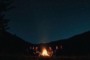 Obraz premium Friends gather around a campfire under a starry night sky