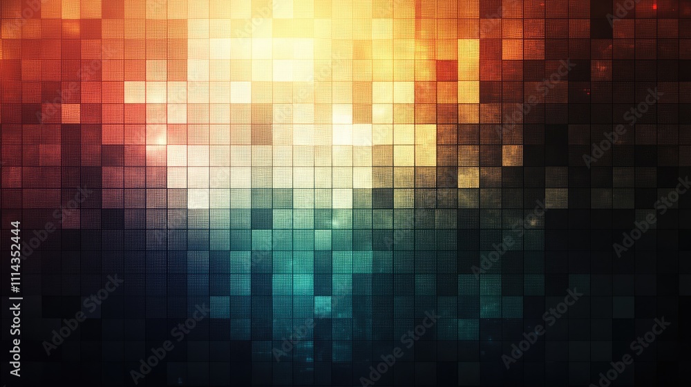 Poster a pixelated grid texture with various light levels, creating a 3d illusion of depth and complexity o