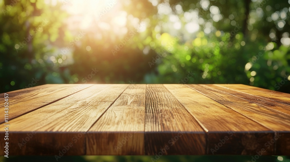 Aufkleber wooden table top set against a soft green bokeh background. empty wood surface in a bright cafe ambi