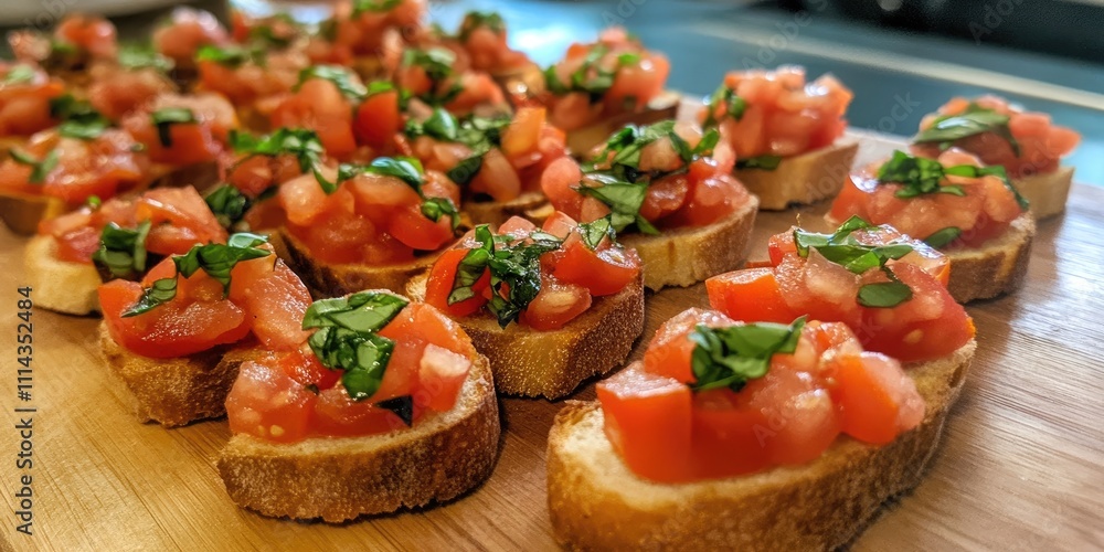 Aufkleber a cutting board holds bruschetta adorned with fresh tomatoes and fragrant basil, creating a delightf