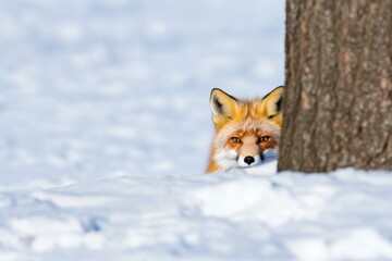 Naklejka premium Red Fox Hiding Behind Tree in Snowy Winter