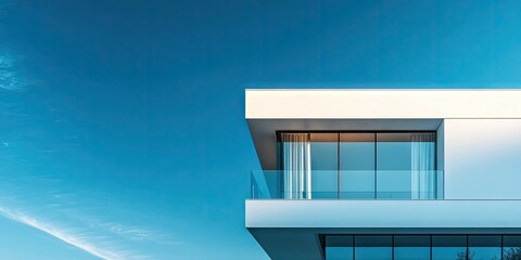 Fototapeta premium Contemporary office structure featuring a design that embodies minimalism, highlighting clean lines and simplicity in architecture. Minimalist architecture defines this modern office building.
