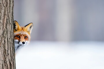 Obraz premium Red Fox Peeking From Behind A Tree In Winter
