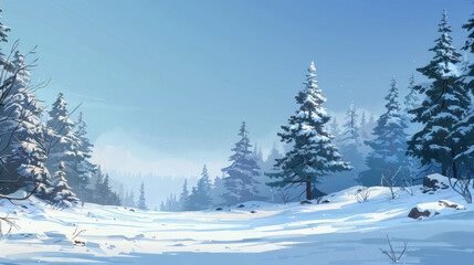 Obraz premium Quiet winter landscape with snow-covered pine trees under a clear blue sky, capturing winter's tranquility