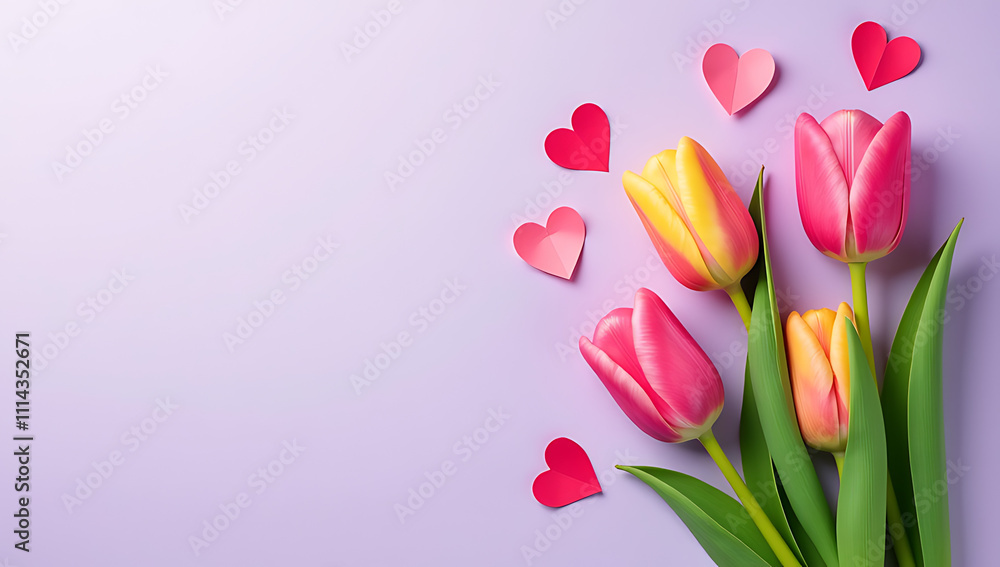 Poster flat lay design featuring beautiful tulips and paper hearts on a soft pastel purple background with 