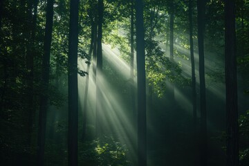 Obraz premium Sunbeams Illuminate a Misty Forest Scene