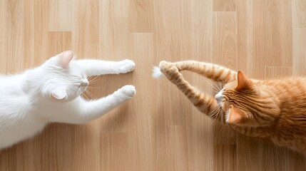 Playful cat photography on wooden backdrops. Two cats, one white and one orange, playfully reaching their paws towards each other on a wooden floor.