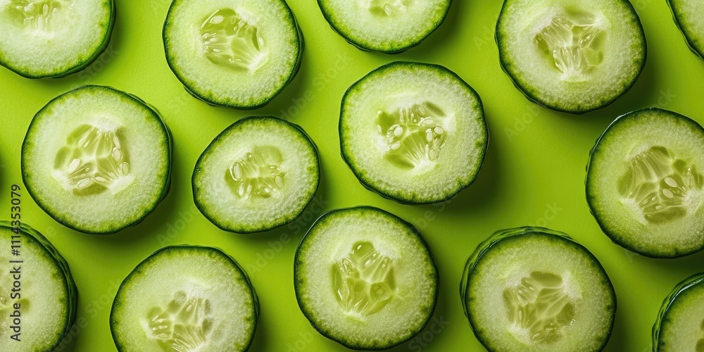 Poster a vibrant background showcases a top down view of cucumber slices. this highlights the theme of fres