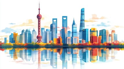 Futuristic city skyline illustration.