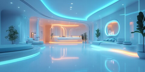 Futuristic lounge space with glowing neon lights and sleek design in a tranquil atmosphere