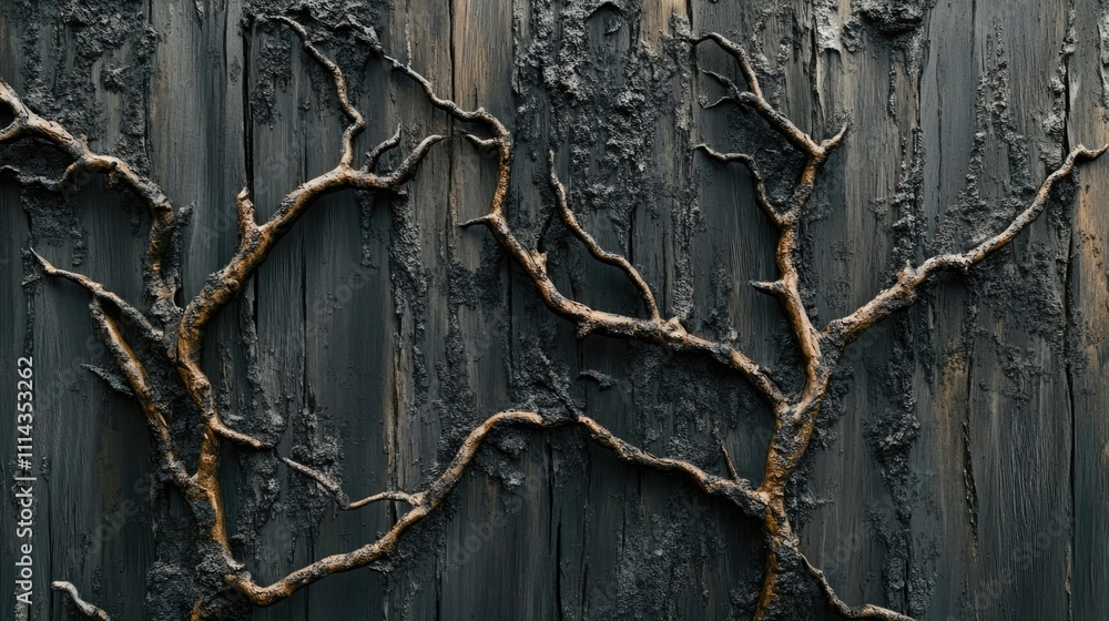 Poster close-up view highlighting the unique texture of tree branches on a wooden wall. the intricate detai