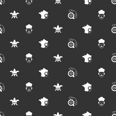 Set Coffee cup with croissant, Cook, Fleur De Lys and Map France on seamless pattern. Vector