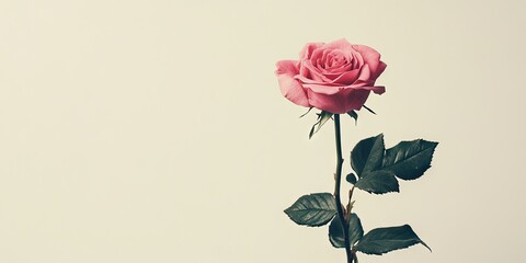 A pink rose is presented against a plain white backdrop, highlighting its beauty with an empty space around it and offering a striking contrast to the simplicity of the background.