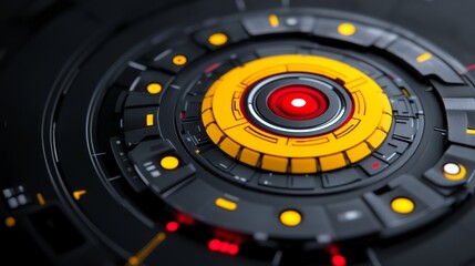 Black and yellow circle with red glowing in the center. The circle is surrounded by a black border