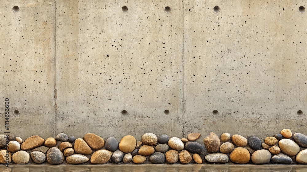 Poster brown concrete wall adorned with pebbles, creating a unique texture. this brown concrete wall serves