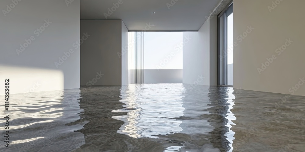 Poster an unoccupied space within a contemporary home has a floor that is inundated with water, creating a 