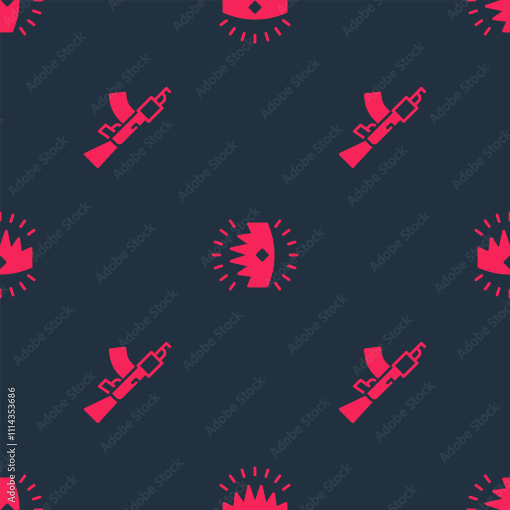 Poster set submachine gun and king crown on seamless pattern. vector
