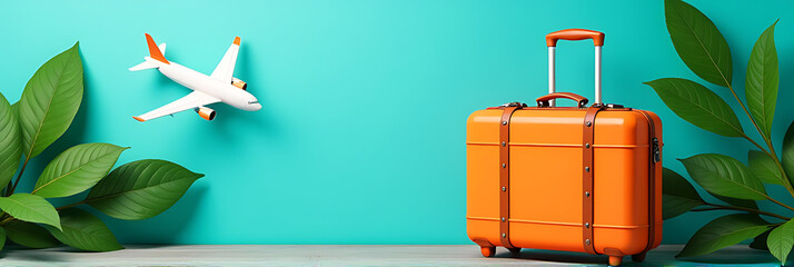 Explore a vibrant scene featuring a turquoise background, an airplane, and lush greenery, all centered around a bright orange suitcase._00001_