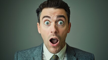 Man in business attire shows surprise in a studio shot against a neutral background