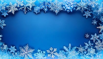 A  frame with an array of different-sized snowflakes in shades of blue