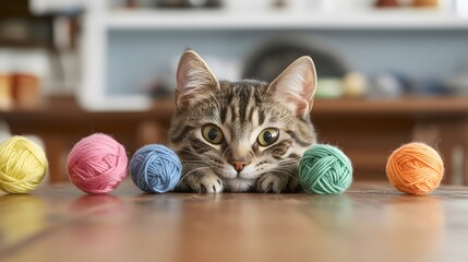 Playful cat photography on wooden backdrops. A playful tabby cat rests its head on a wooden table, eyeing colorful yarn balls with curiosity and intent.