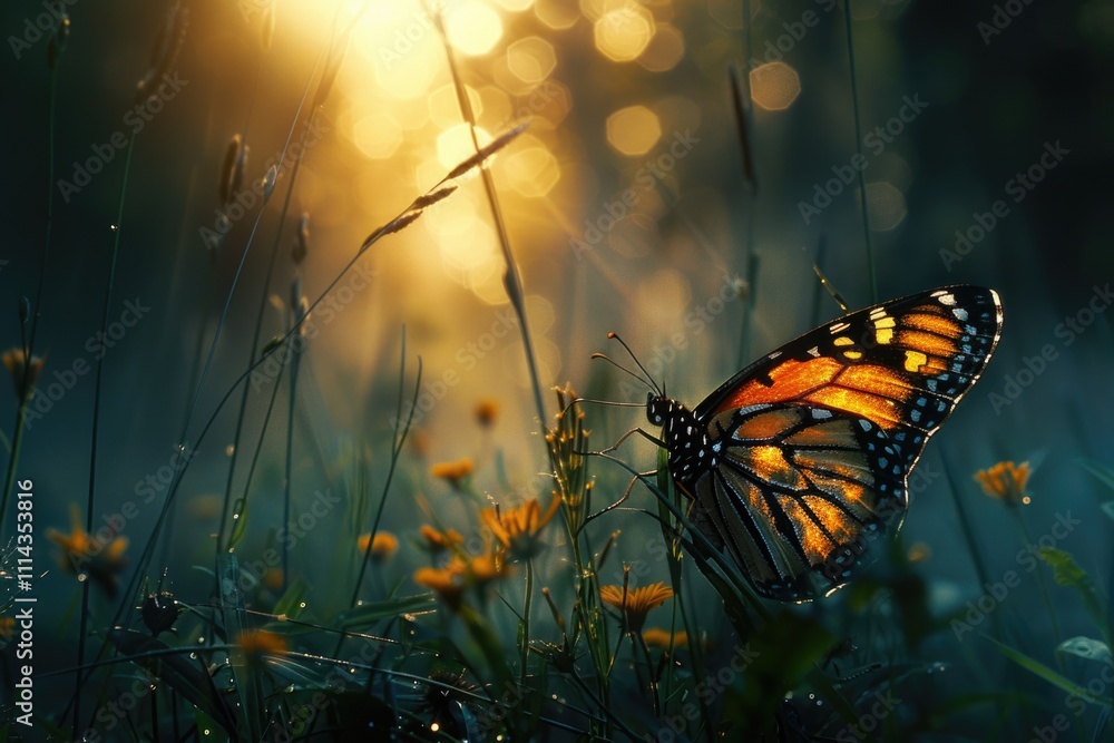 Poster a single butterfly sits on the edge of a lush green field