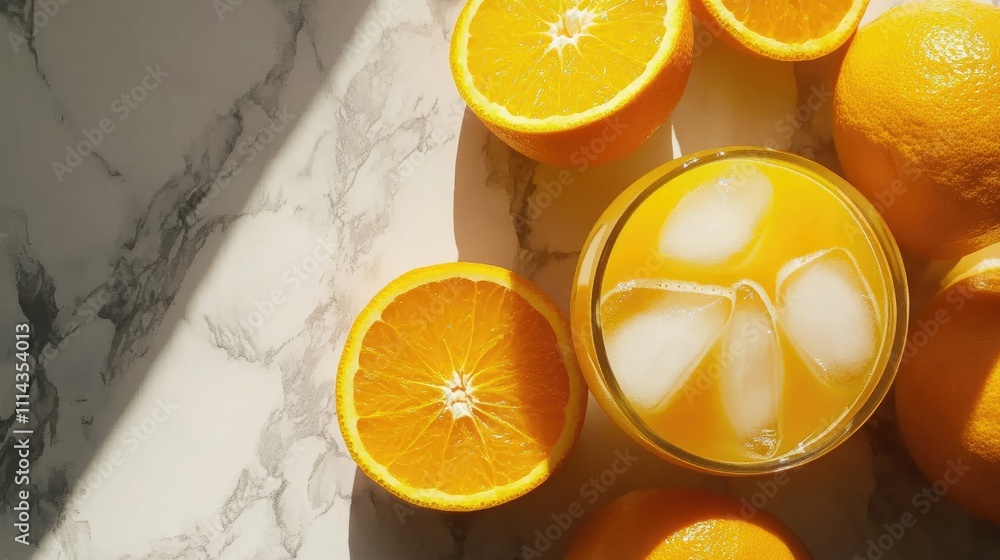 Poster refreshing orange juice with ice and vibrant oranges arranged on a stylish marble texture background