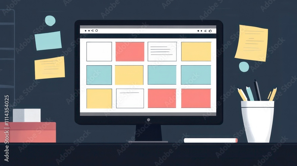 Poster Modern workspace with computer displaying website layout and sticky notes.