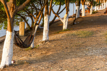 hammocks strung between trees by the sea provide shelter and rest on a beach around Kep, Cambodia