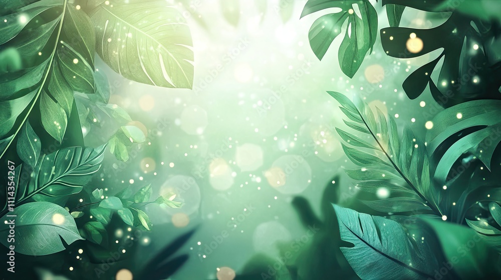 Poster green leaf background banner embellished with a bokeh light overlay, creating a visually engaging de