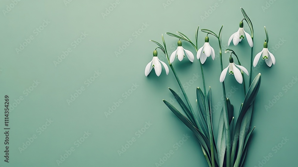 Poster elegant snowdrop flowers arranged on a solid color background create a beautifully serene scene. thi