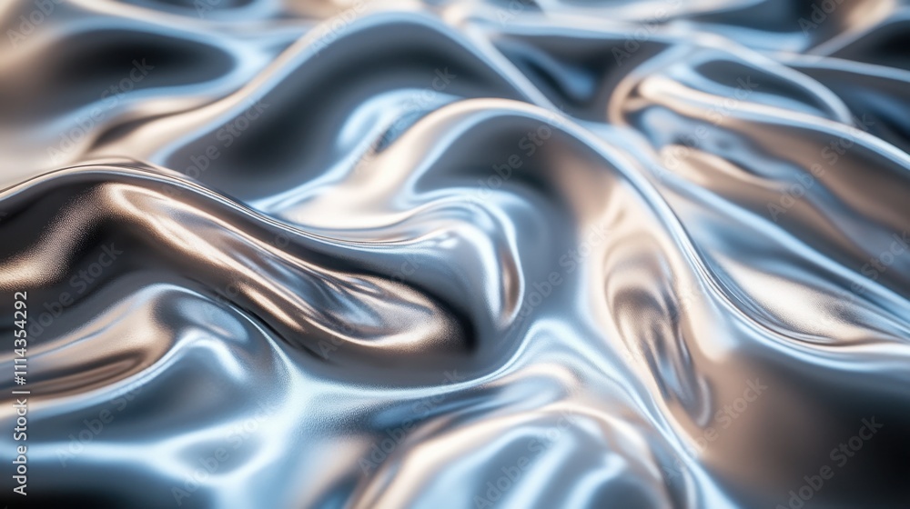 Poster flowing waves of silver fabric shine under soft light in an artistic display of texture and movement