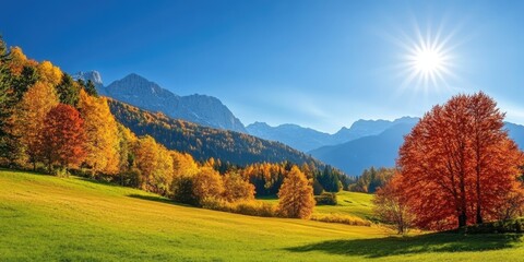 Fototapeta premium Breathtaking fall scenery showcasing vibrant meadows beneath clear blue skies, illustrating the beauty of autumns landscape and the colors of the season.