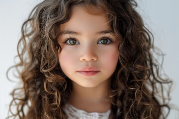 Naklejka premium A portrait of a young girl with long curly hair and blue eyes