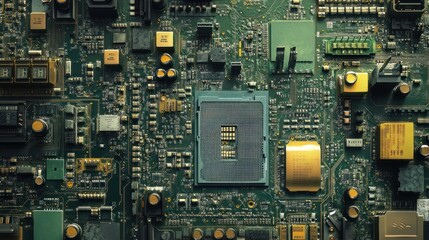 Fototapeta premium Close-up image of motherboard components printed on green circuit board with intricate soldering, capturing the progress in microchip development.