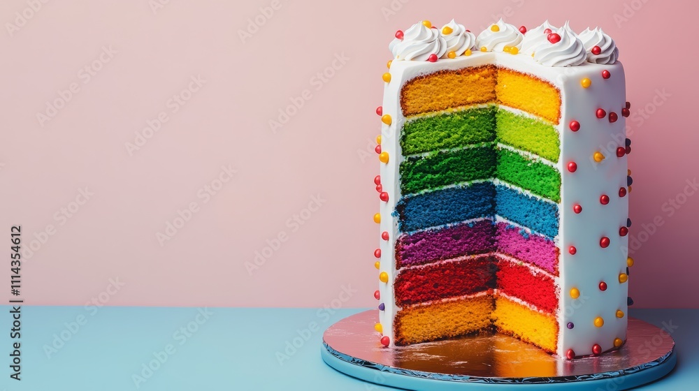 Poster Multi-colored cake with a slice missing. The cake is decorated with colorful sprinkles and has a rainbow design